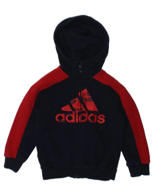 men's crewneck sweaters -ADIDAS Boys Graphic Zip Hoodie Sweater 4-5 Years Navy Blue Colourblock