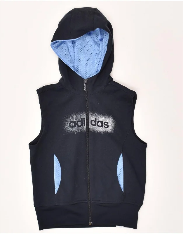 men's textured sweaters -ADIDAS Boys Sleeveless Graphic Zip Hoodie Sweater 11-12 Years  Navy Blue