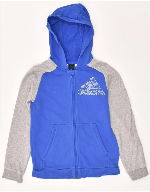 men's casual knit sweaters -ADIDAS Boys Zip Hoodie Sweater 9-10 Years Blue Colourblock Cotton