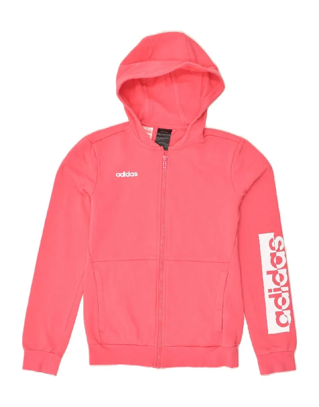 men's knitted sweaters -ADIDAS Girls Graphic Zip Hoodie Sweater 13-14 Years Pink Cotton