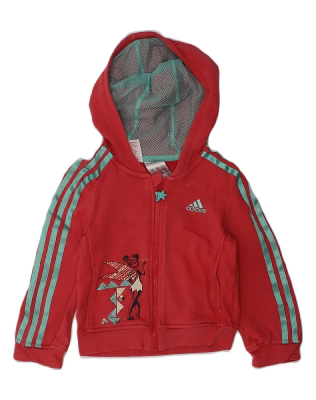 men's elegant wool sweaters -ADIDAS Girls Graphic Zip Hoodie Sweater 3-4 Years Red Cotton