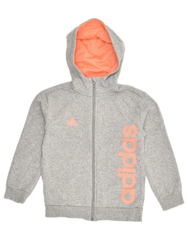 men's sweater for office -ADIDAS Girls Graphic Zip Hoodie Sweater 7-8 Years Grey Cotton