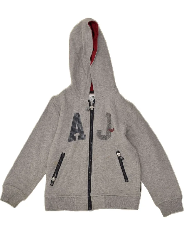 men's hooded sweaters -ARMANI JUNIOR Boys Zip Hoodie Sweater 7-8 Years Grey Cotton