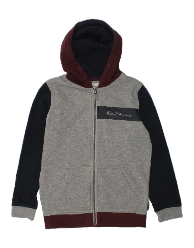 men's everyday knit sweaters -BEN SHERMAN Boys Zip Hoodie Sweater 8-9 Years Grey Colourblock Cotton