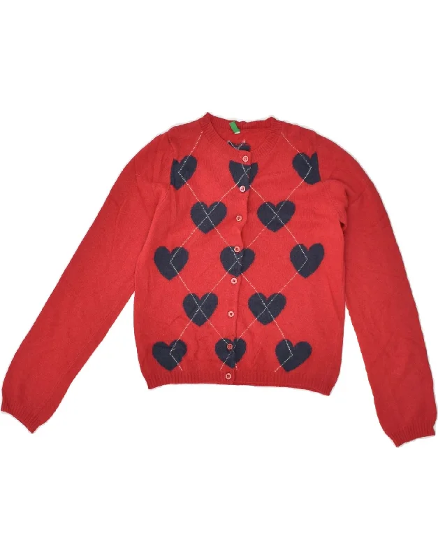 men's comfortable sweaters -BENETTON Girls Graphic Cardigan Sweater 9-10 Years Red Geometric