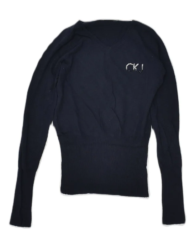 men's warm sweaters for winter -CALVIN KLEIN Girls V-Neck Jumper Sweater 9-10 Years Navy Blue Cotton