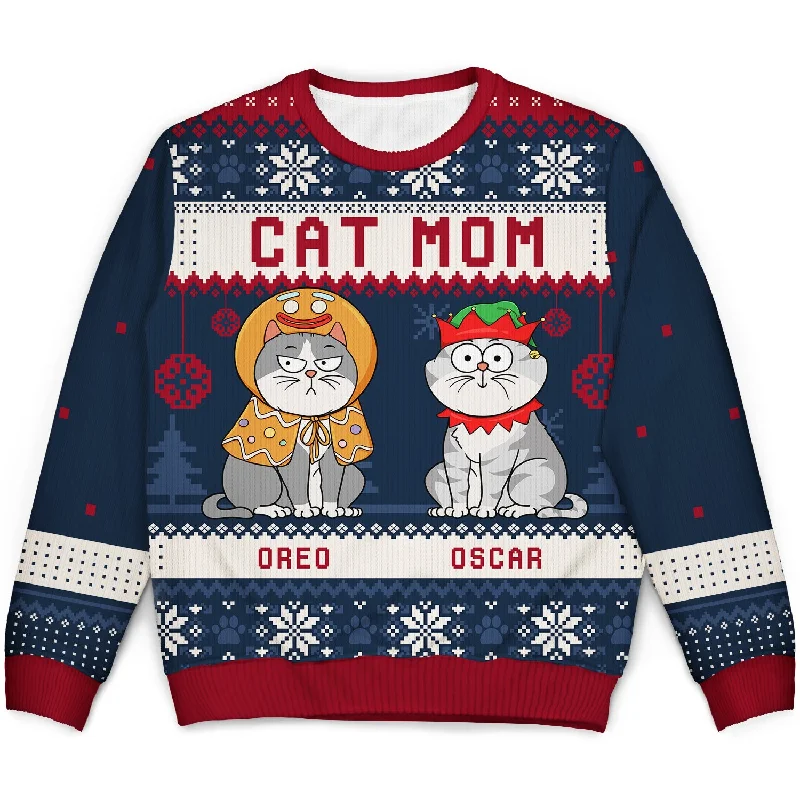 men's performance knit sweaters -Cat Mom Cat Dad Funny Cartoon Cats - Christmas Gift For Cat Lovers - Personalized Unisex Ugly Sweater