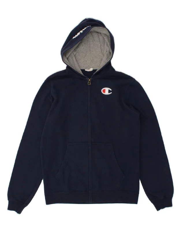 men's formal sweaters -CHAMPION Boys Graphic Zip Hoodie Sweater 13-14 Years Navy Blue Cotton