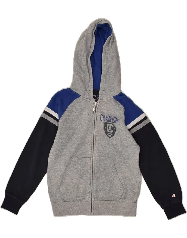 men's formal sweaters -CHAMPION Boys Graphic Zip Hoodie Sweater 7-8 Years Small Grey Colourblock