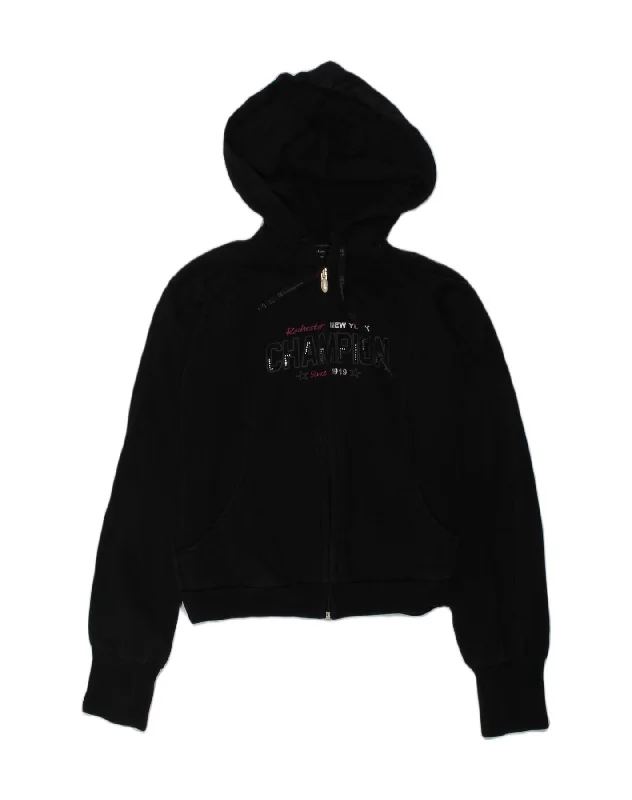 men's lightweight pullover sweaters -CHAMPION Girls Graphic Zip Hoodie Sweater 11-12 Years Large Black Cotton