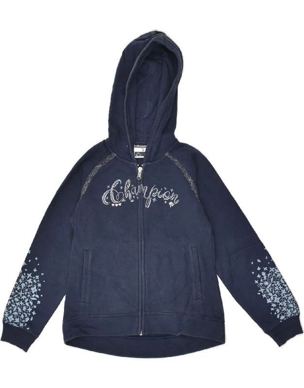 men's breathable wool sweaters -CHAMPION Girls Graphic Zip Hoodie Sweater 7-8 Years Small Navy Blue Cotton