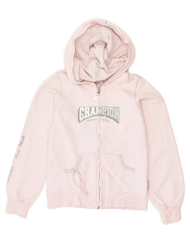 men's chunky knit sweaters -CHAMPION Girls Graphic Zip Hoodie Sweater 9-10 Years Medium Pink Cotton