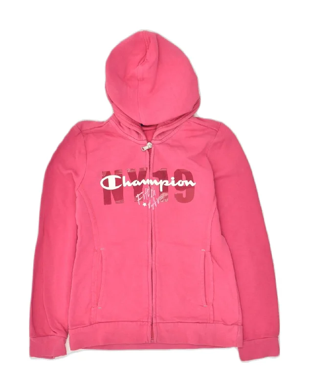 men's short-sleeve sweaters -CHAMPION Girls Graphic Zip Hoodie Sweater 9-10 Years Medium  Pink Cotton