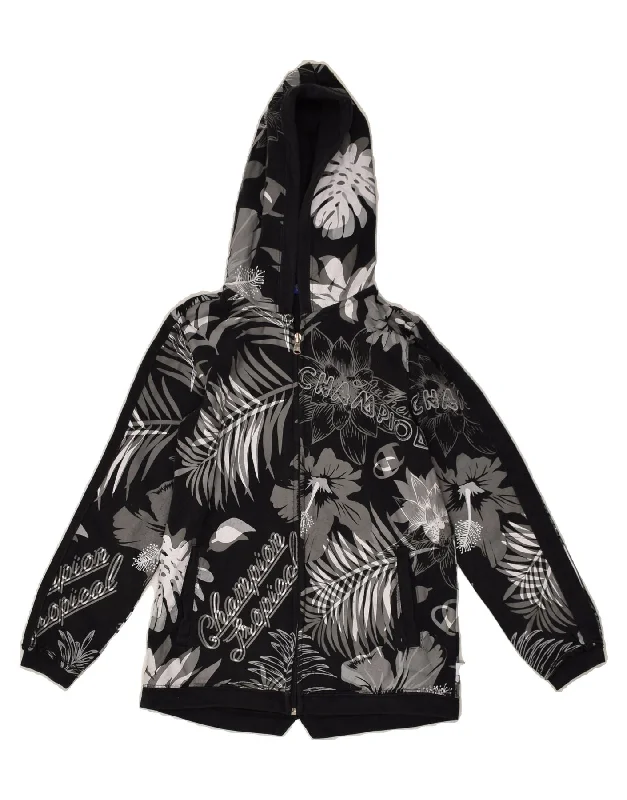 men's stylish cardigans -CHAMPION Girls Zip Hoodie Sweater 9-10 Years Medium Black Floral Cotton