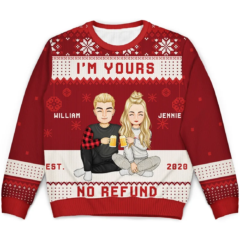 men's classic v-neck sweaters -Christmas Couples I'm Yours No Refund - Gift For Couples - Personalized Unisex Ugly Sweater