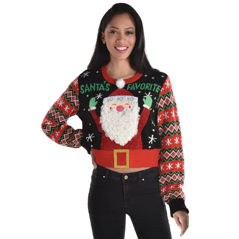 men's fitted sweaters -Christmas Cropped Ugly Sweater Santa - Adult