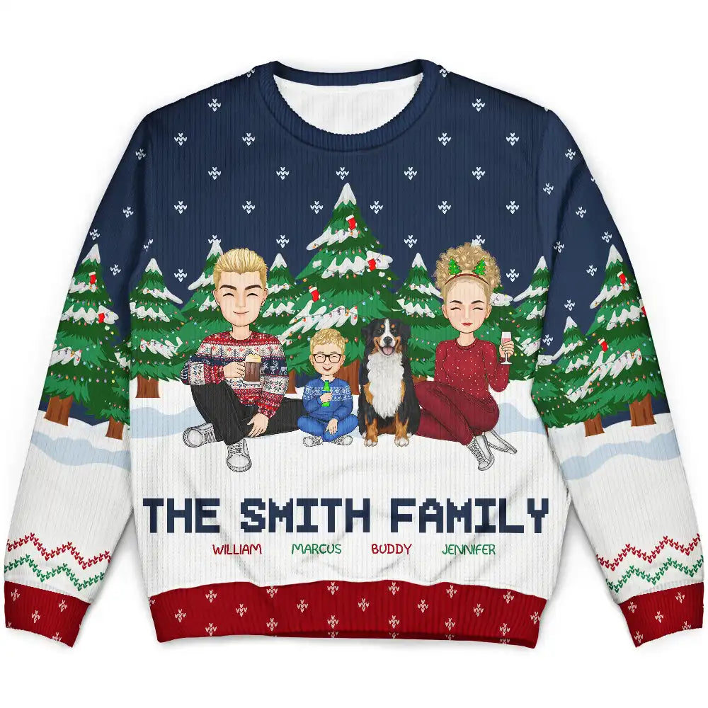 men's short-sleeve sweaters -Christmas Family In The Forest A Whole Lot Of Love - Personalized Unisex Ugly Sweater