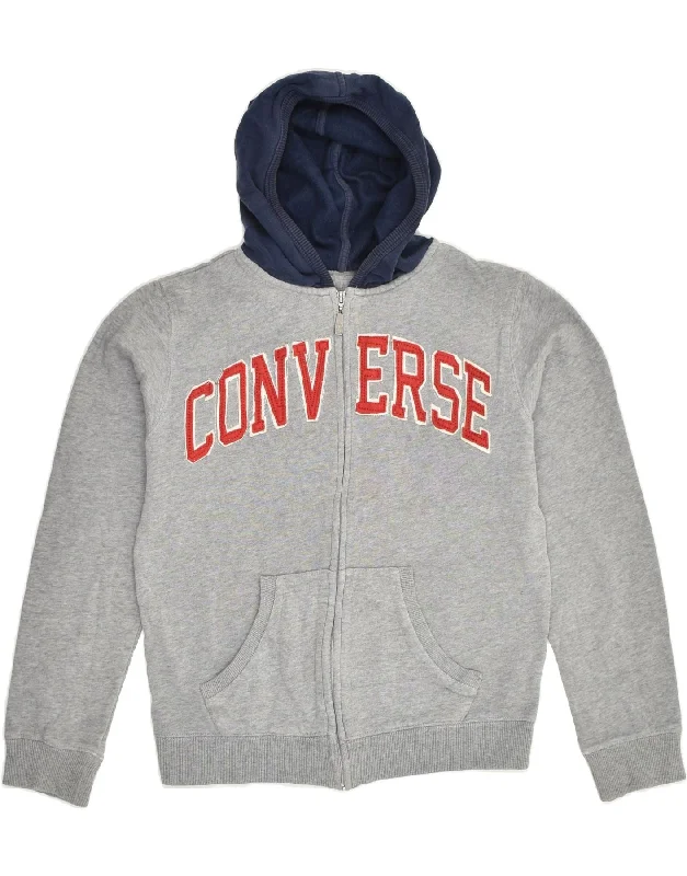 men's stylish sweaters -CONVERSE Boys Graphic Zip Hoodie Sweater 13-14 Years Grey Cotton