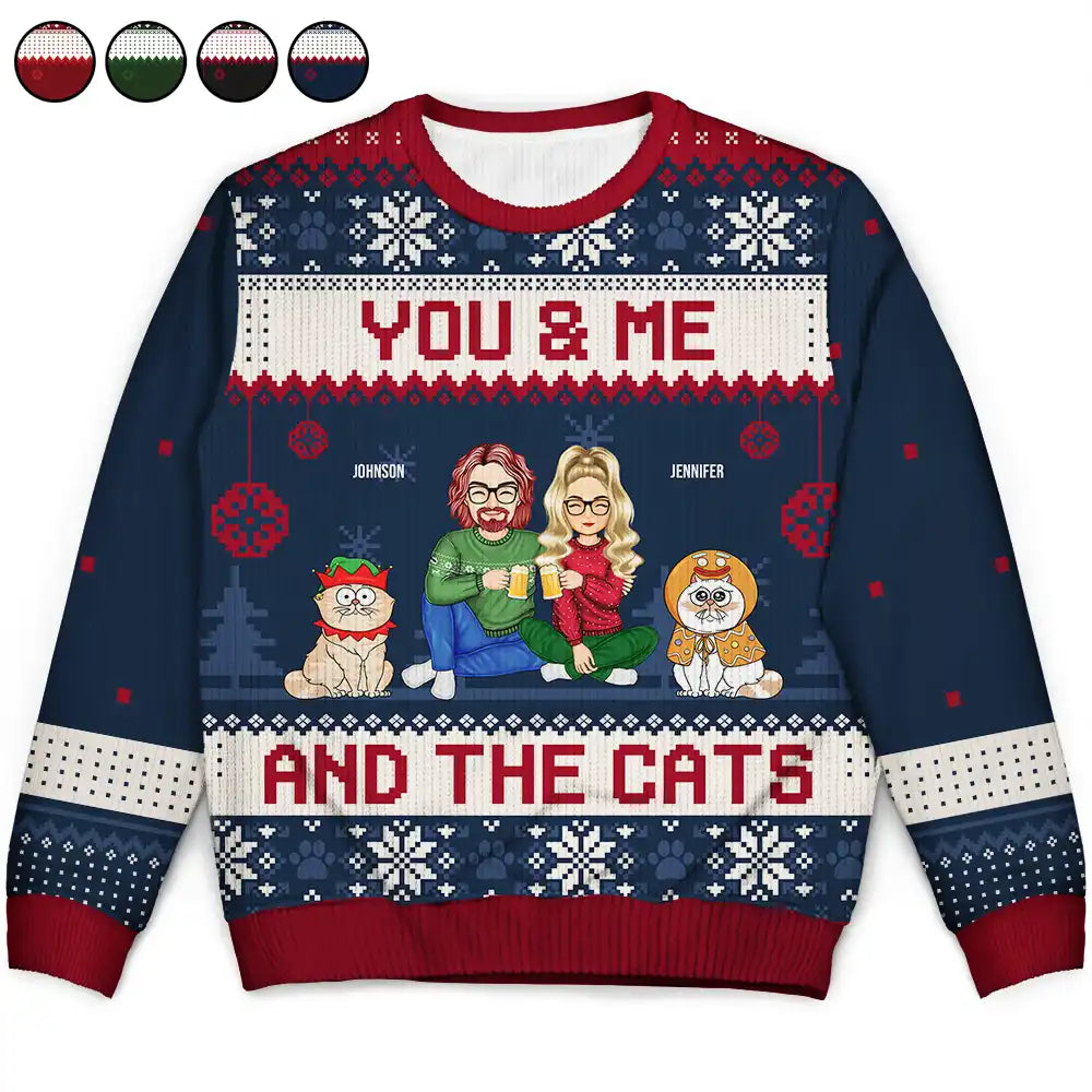 men's cozy knit sweaters -Couple You & Me And The Cats Cartoon Style - Anniversary, Christmas Gift For Cat Lovers, Couples - Personalized Unisex Ugly Sweater