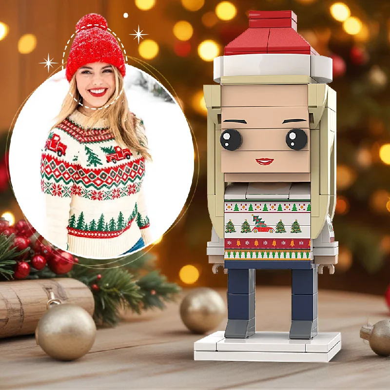 men's cotton sweaters -Custom Head Interlocking Plastic Toy Personalized Brick Figures Red Sweater Christmas Gift For Girlfriend