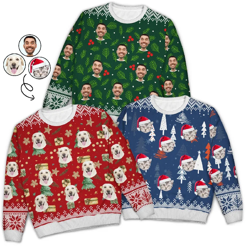 men's wool sweaters -Custom Photo Family Dog Cat Face - Christmas Gift For Pet Lovers, Family Members - Personalized Unisex Ugly Sweater