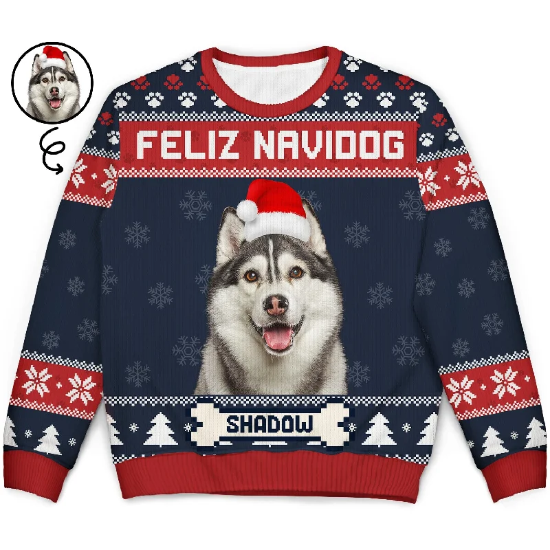 men's outdoor sweaters -Custom Photo Feliz Navidog - Christmas Gift For Dog Lovers, Cat Lovers - Personalized Unisex Ugly Sweater