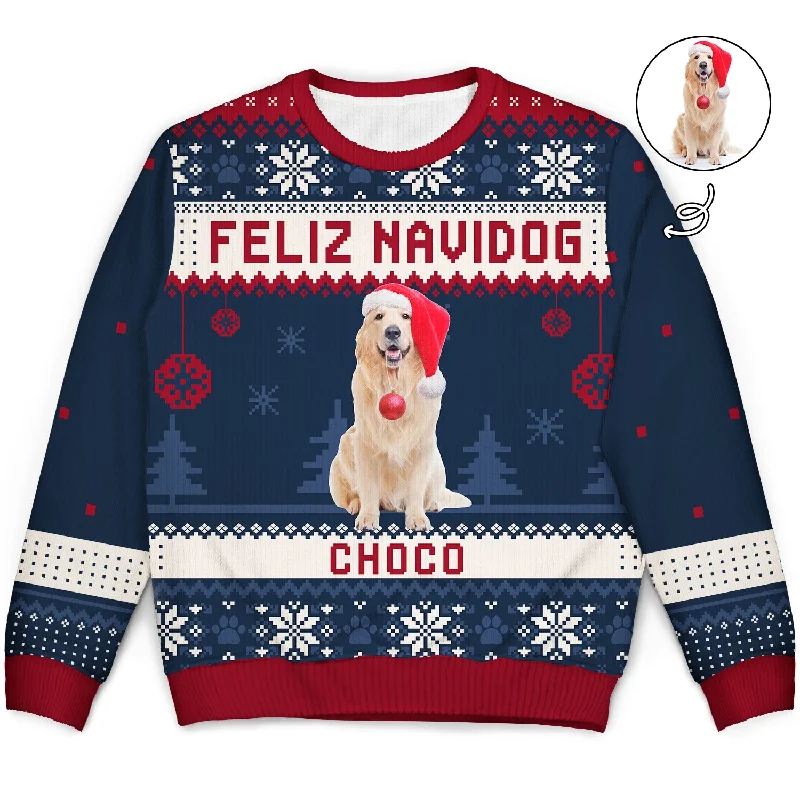 men's premium knit sweaters -Custom Photo Feliz Navidog Merry Woofmas - Christmas Gift For Dog Lovers - Personalized Unisex Ugly Sweater