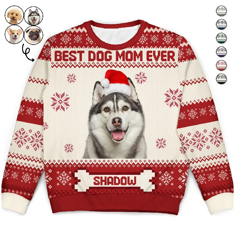 men's designer sweaters -Custom Photo Funny Pet Face Best Dog Mom Ever - Christmas Gift, Gift For Dog Lovers, Dog Mom, Dog Dad, Pet Lovers - Personalized Unisex Ugly Sweater