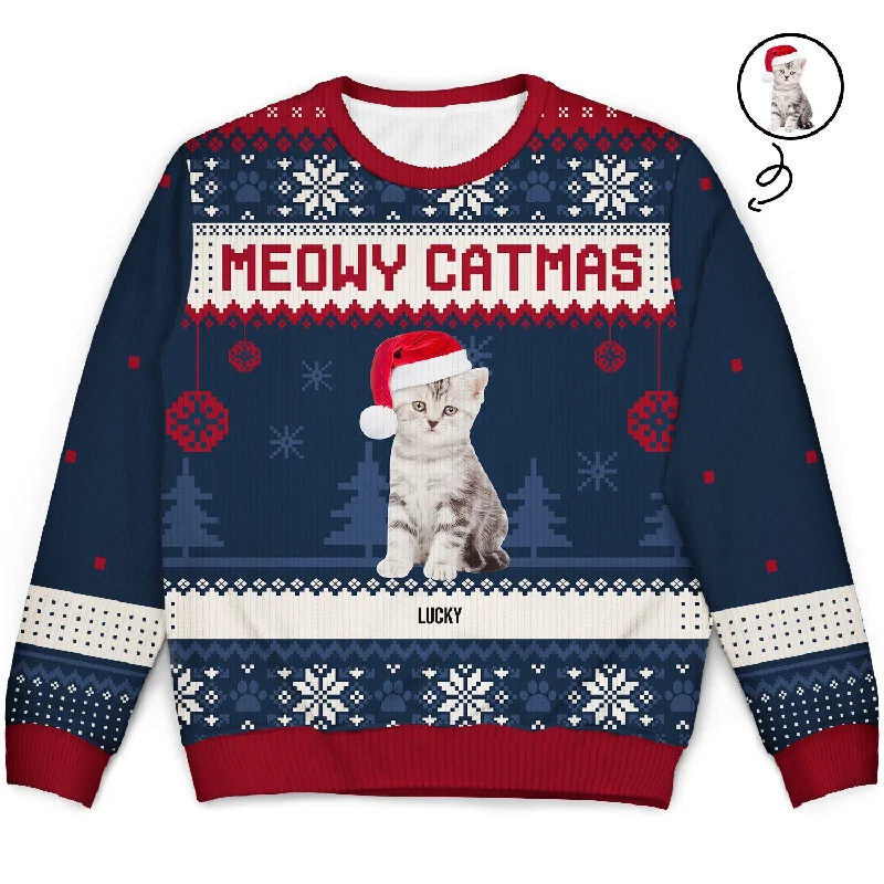 men's casual sweater cardigans -Custom Photo Meowy Catmas Is This Jolly Enough - Christmas Gift For Cat Lovers - Personalized Unisex Ugly Sweater