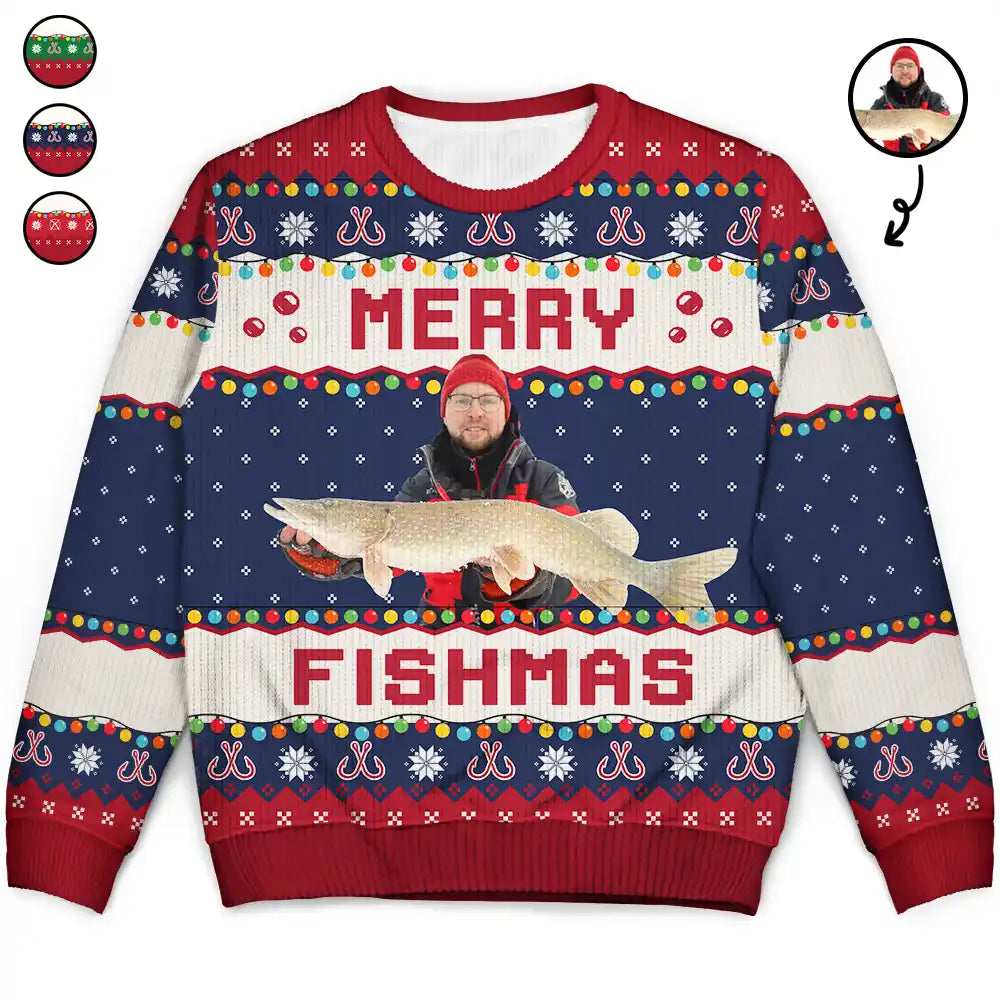 men's sweater for layering -Custom Photo Merry Fishmas - Personalized Unisex Ugly Sweater