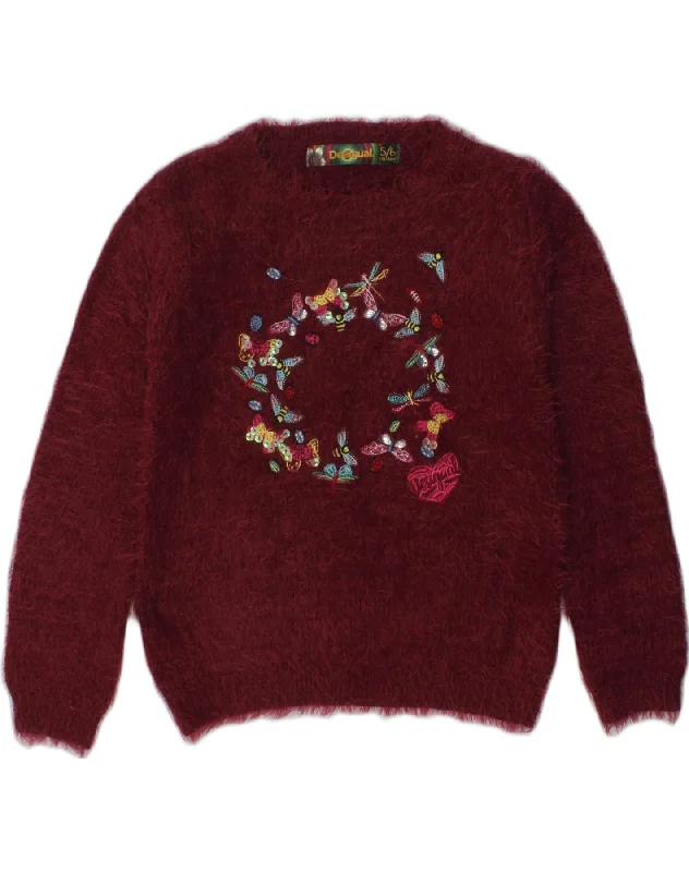 men's soft knit sweaters -DESIGUAL Girls Crew Neck Jumper Sweater 5-6 Years Burgundy Polyamide