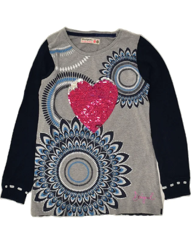 men's soft cashmere sweaters -DESIGUAL Girls Graphic Crew Neck Jumper Sweater 11-12 Years Grey Paisley