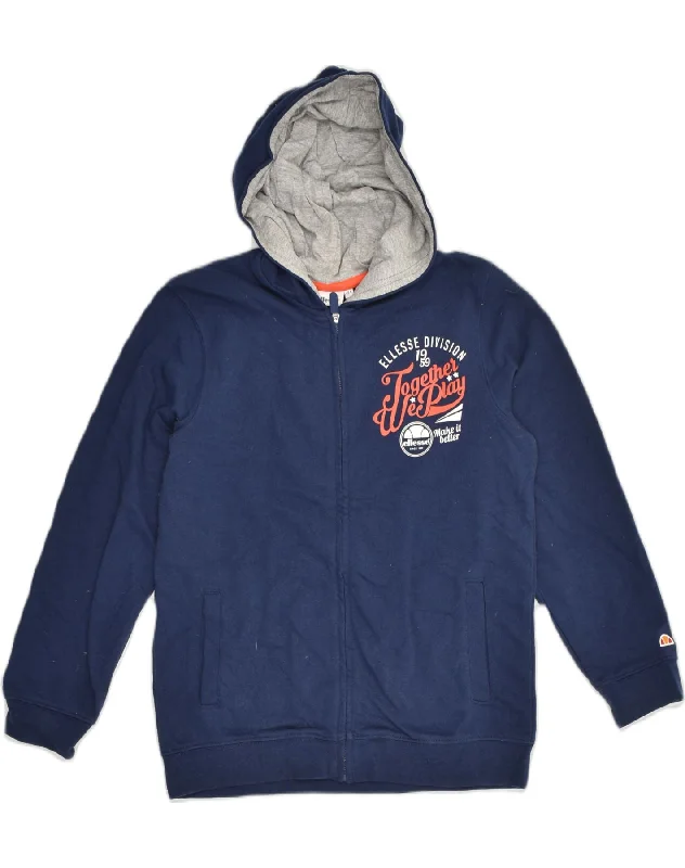 men's cotton sweaters -ELLESSE Boys Graphic Zip Hoodie Sweater 11-12 Years Navy Blue Cotton