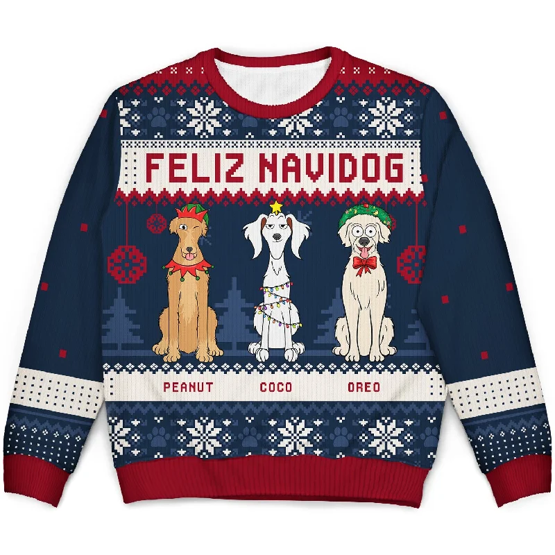 men's stylish sweaters -Feliz Navidog Merry Woofmas Funny Cartoon Dogs - Christmas Gift For Dog Lovers - Personalized Unisex Ugly Sweater