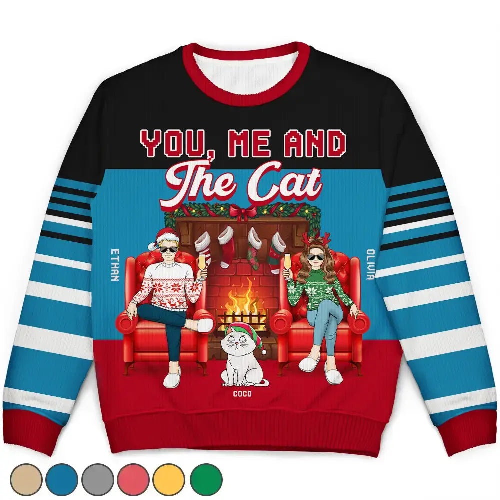 men's hooded sweaters -Fireplace You, Me And The Cat - Personalized Unisex Ugly Sweater