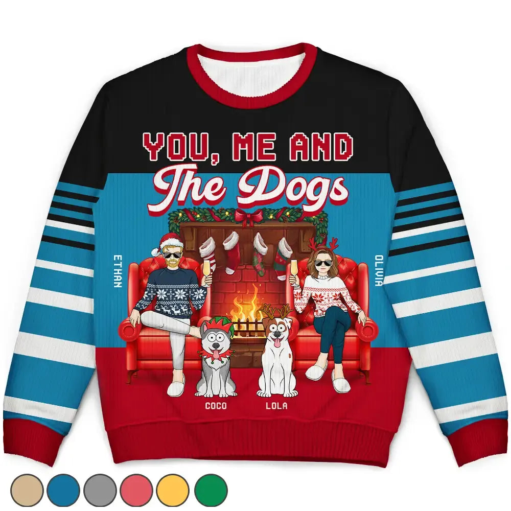 men's oversized sweaters -Fireplace You, Me And The Dog - Personalized Unisex Ugly Sweater