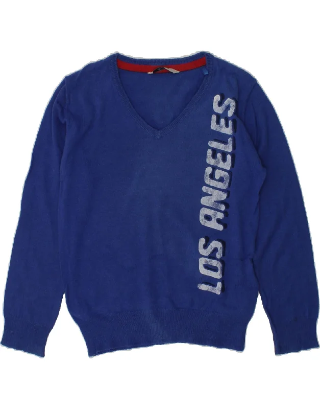 men's soft knit sweaters -GUESS Boys Graphic V-Neck Jumper Sweater 5-6 Years Blue Cotton