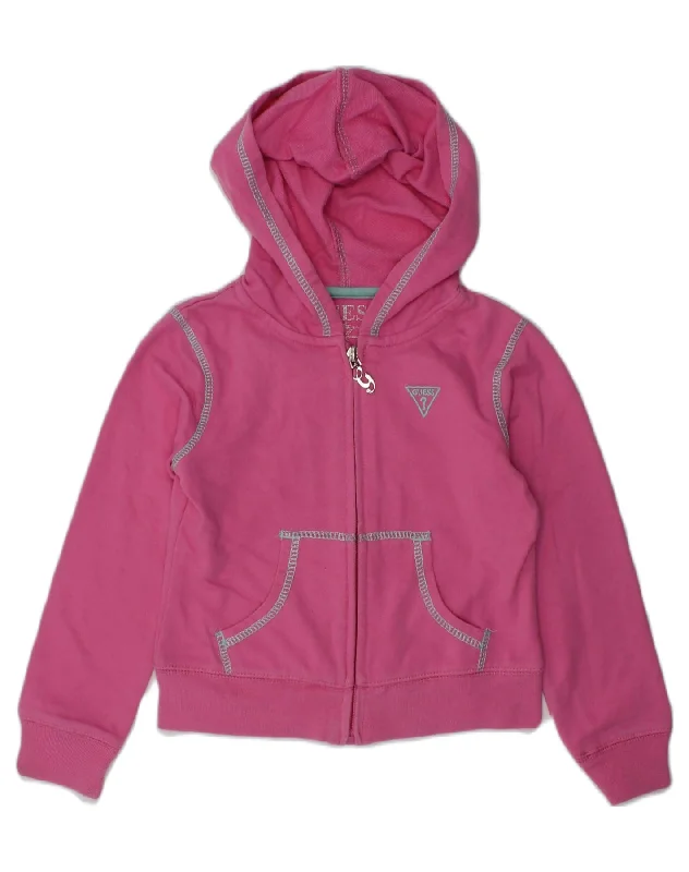 men's casual sweaters -GUESS Girls Graphic Zip Hoodie Sweater 4-5 Years Pink Cotton