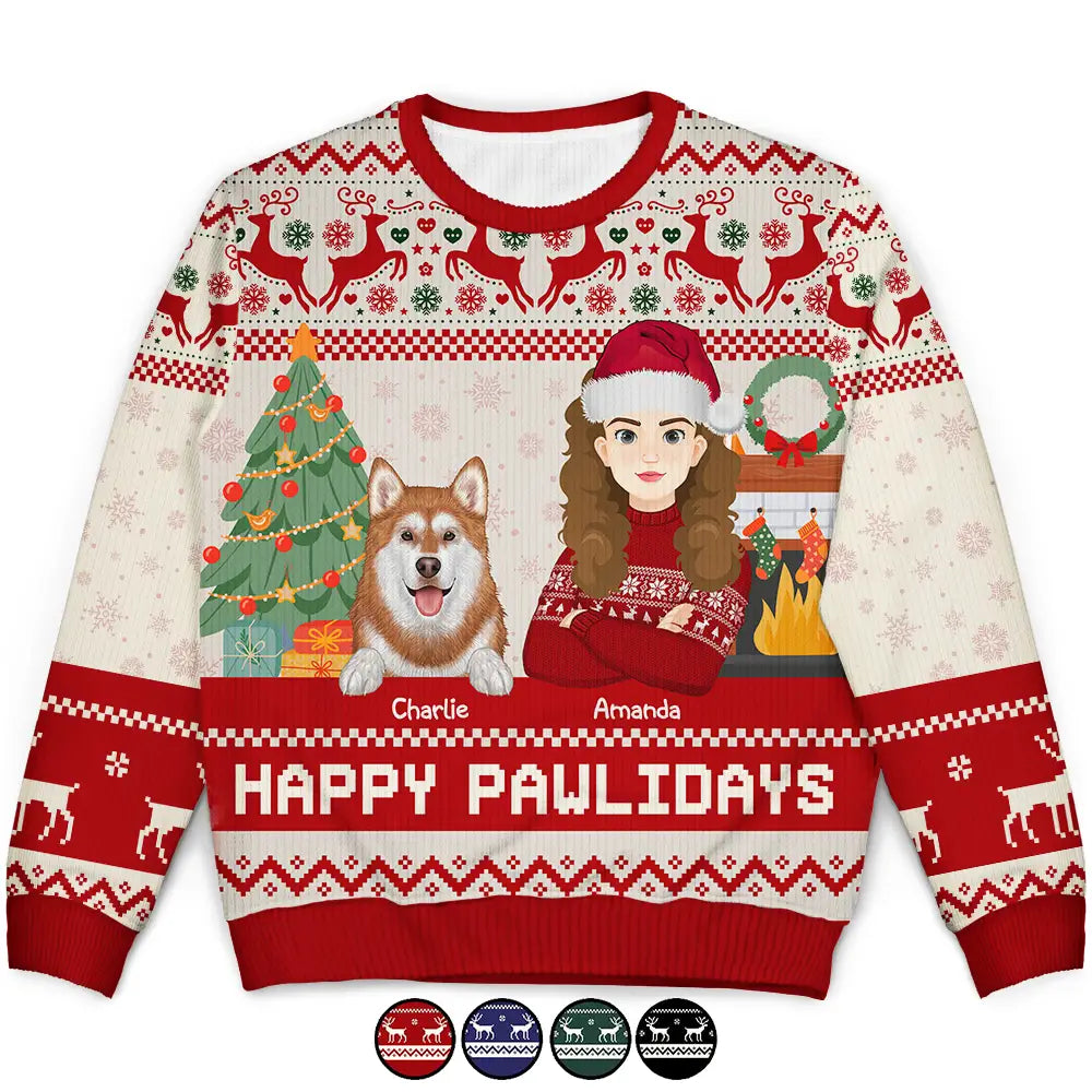 men's ribbed sweaters -Happy Pawlidays Dog And Cat Lover Flat Art - Personalized Unisex Ugly Sweater