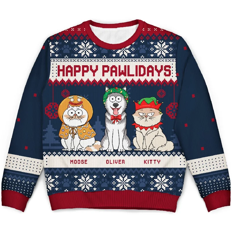 men's stylish turtleneck sweaters -Happy Pawlidays Funny Cartoon Cats Dogs - Christmas Gift For Pet Lovers, Dog Lovers, Cat Lovers - Personalized Unisex Ugly Sweater