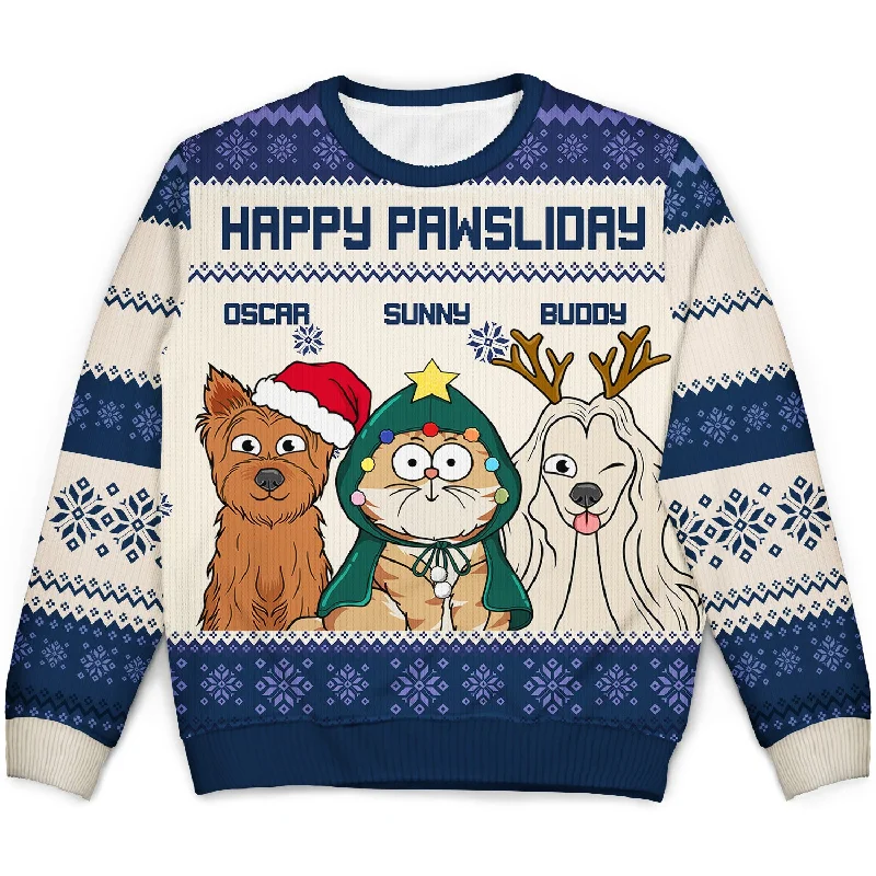 men's turtleneck sweaters -Happy Pawsliday - Funny, Christmas Gift For Dog Lovers, Cat Lovers - Personalized Unisex Ugly Sweater