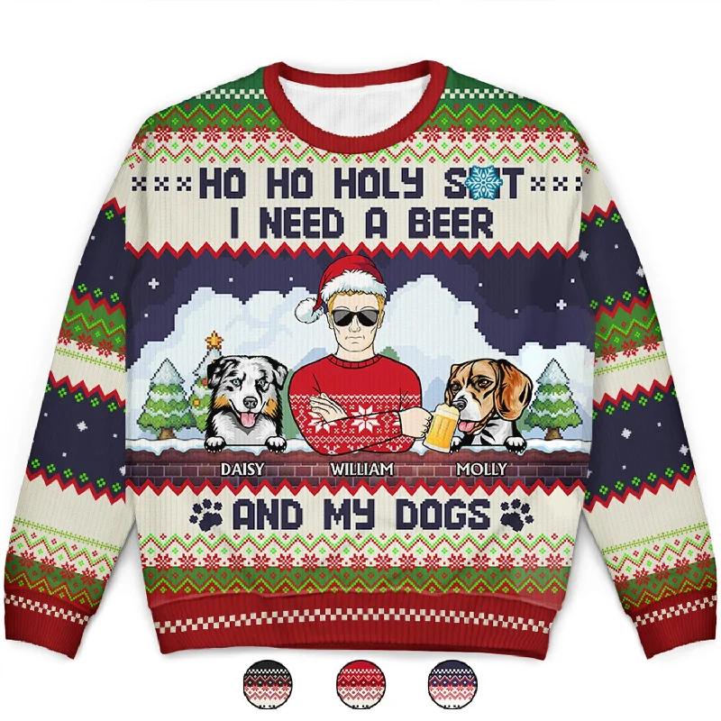 men's soft cashmere sweaters -Ho Ho Holy I Need A Beer - Christmas Gifts For Dog Lovers, Dog Mom, Dog Dad - Personalized Unisex Ugly Sweater