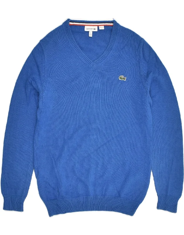 men's everyday sweaters -LACOSTE Boys V-Neck Jumper Sweater 7-8 Years Blue Cotton