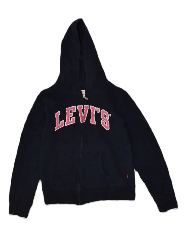 men's knitted pullover sweaters -LEVI'S Girls Graphic Zip Hoodie Sweater 12-13 Years Large Navy Blue Cotton