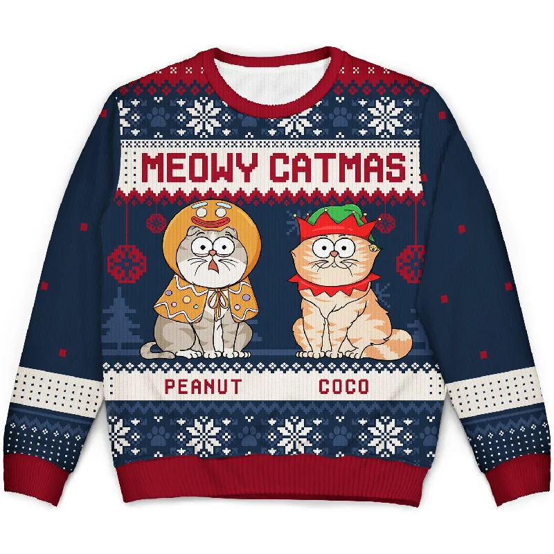 men's fleece sweaters -Meowy Catmas Funny Cartoon Cats - Christmas Gift For Cat Lovers, Cat Moms, Cat Dads - Personalized Unisex Ugly Sweater