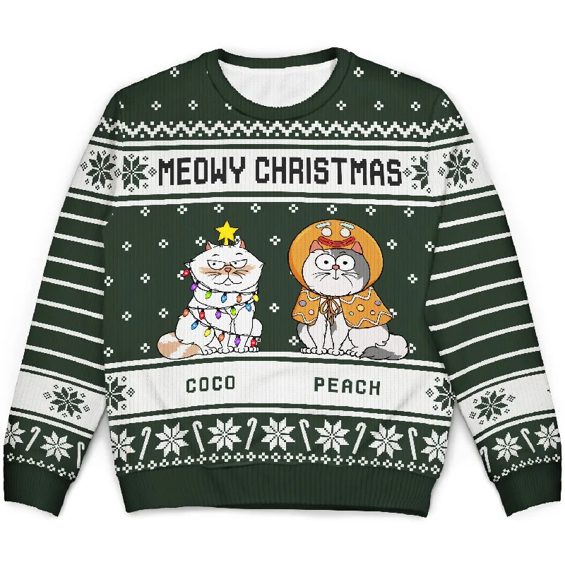 men's comfortable sweaters -Meowy Christmas - Christmas Gift For Cat Lovers - Personalized Unisex Ugly Sweater