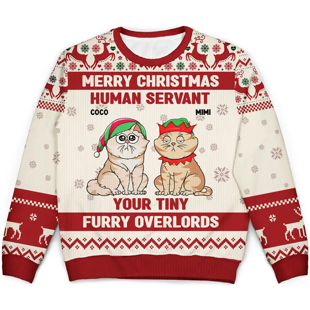 men's wool sweater vests -Merry Christmas Human Servant Your Tiny Furry Overlords - Personalized Unisex Ugly Sweater