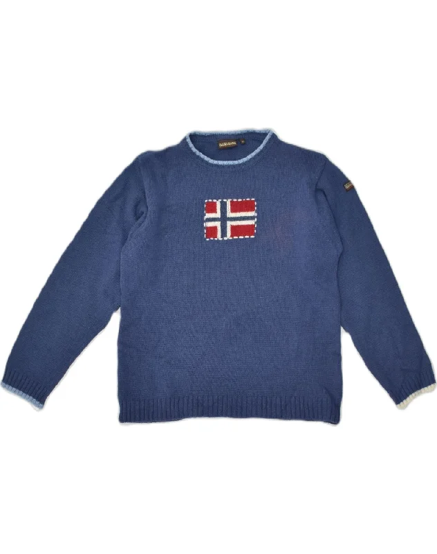 men's chunky knit sweaters -NAPAPIJRI Boys Graphic Crew Neck Jumper Sweater 9-10 Years Blue Wool