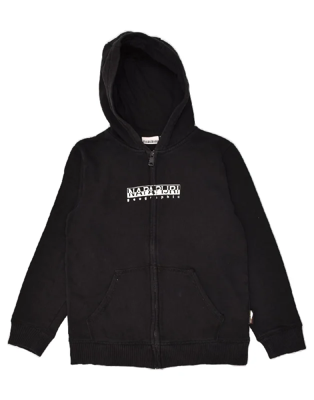 men's hooded sweaters -NAPAPIJRI Boys Graphic Zip Hoodie Sweater 11-12 Years Black Cotton