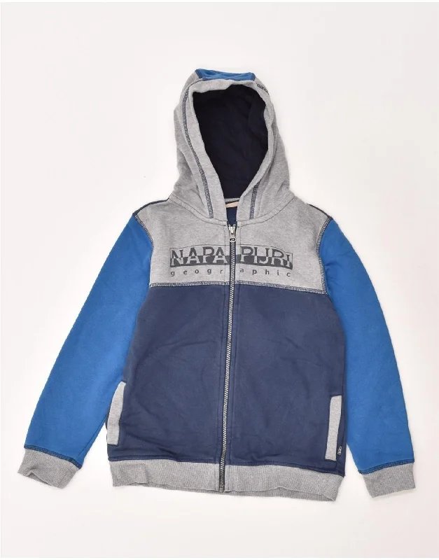 men's wool sweaters -NAPAPIJRI Boys Graphic Zip Hoodie Sweater 9-10 Years Blue Colourblock